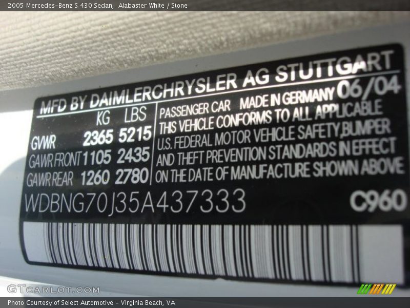 2005 S 430 Sedan Alabaster White Color Code 960