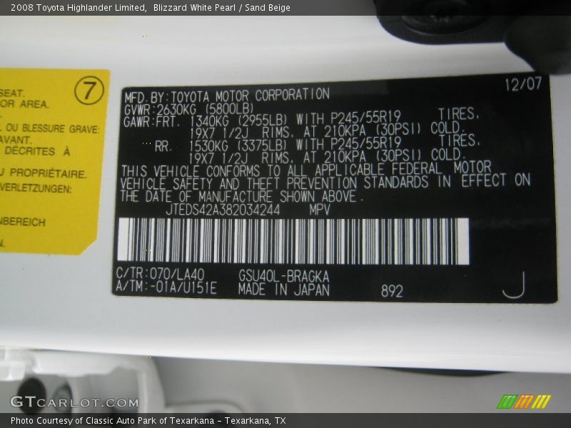 Blizzard White Pearl / Sand Beige 2008 Toyota Highlander Limited