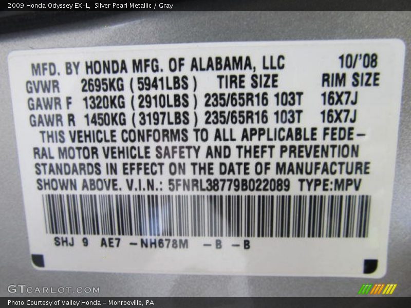 Silver Pearl Metallic / Gray 2009 Honda Odyssey EX-L