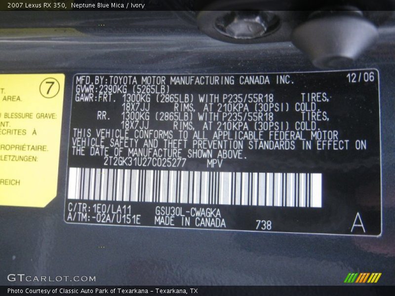 Neptune Blue Mica / Ivory 2007 Lexus RX 350