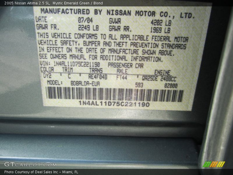 2005 Altima 2.5 SL Mystic Emerald Green Color Code DY2
