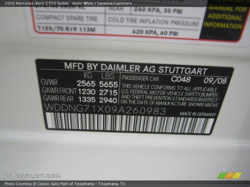 Arctic White / Savanna/Cashmere 2009 Mercedes-Benz S 550 Sedan