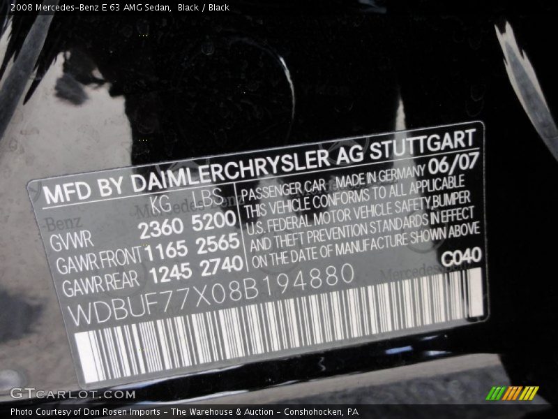 2008 E 63 AMG Sedan Black Color Code 040