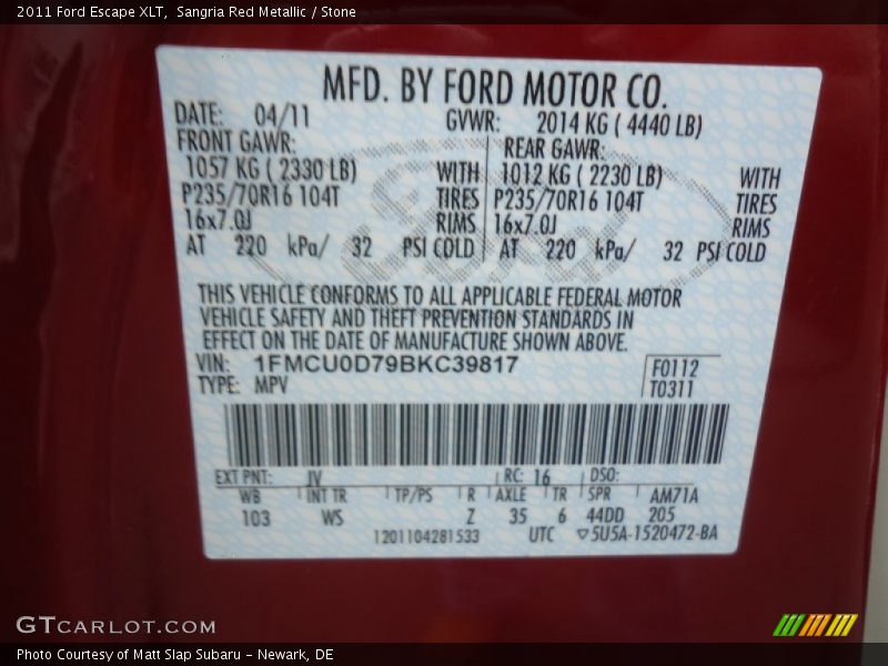 2011 Escape XLT Sangria Red Metallic Color Code JV