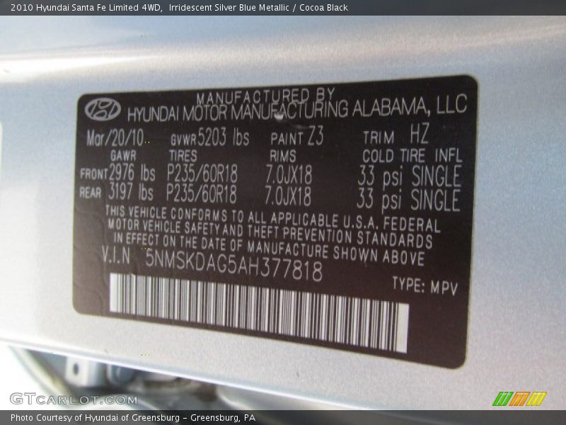 2010 Santa Fe Limited 4WD Irridescent Silver Blue Metallic Color Code Z3