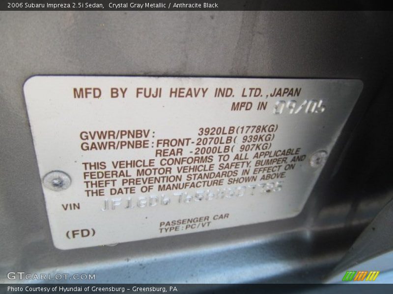 Crystal Gray Metallic / Anthracite Black 2006 Subaru Impreza 2.5i Sedan