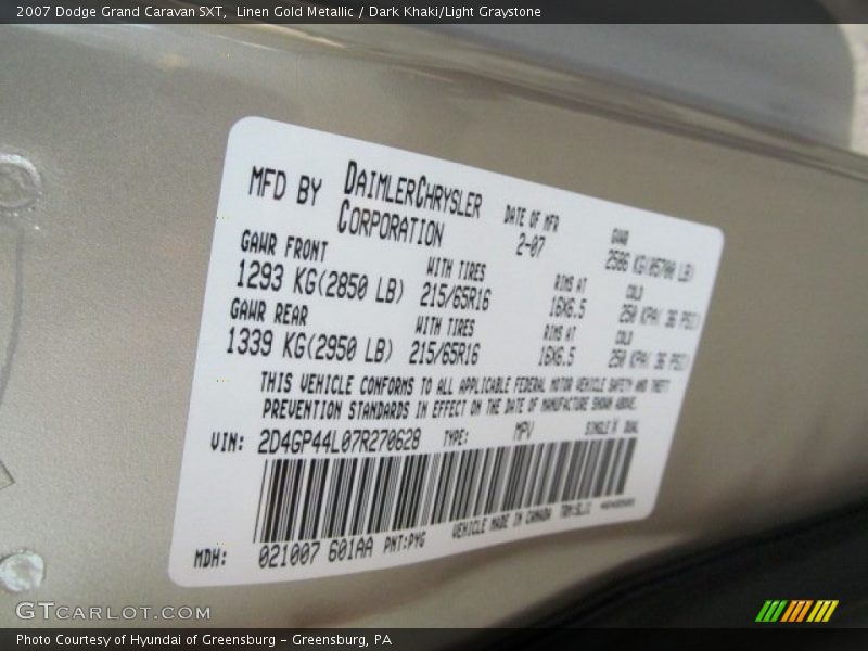 Linen Gold Metallic / Dark Khaki/Light Graystone 2007 Dodge Grand Caravan SXT