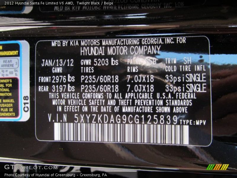 2012 Santa Fe Limited V6 AWD Twilight Black Color Code S5B