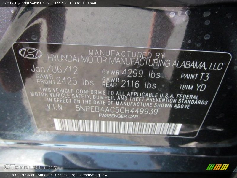 2012 Sonata GLS Pacific Blue Pearl Color Code T3