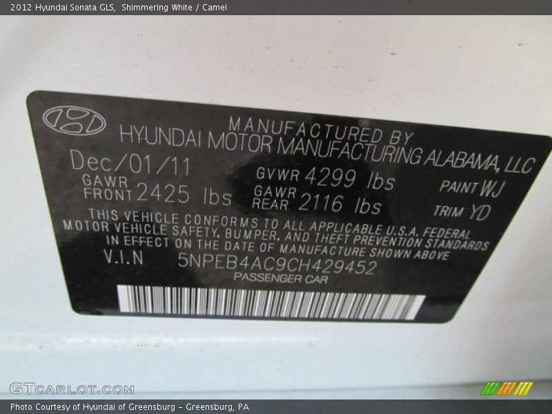 2012 Sonata GLS Shimmering White Color Code WJ