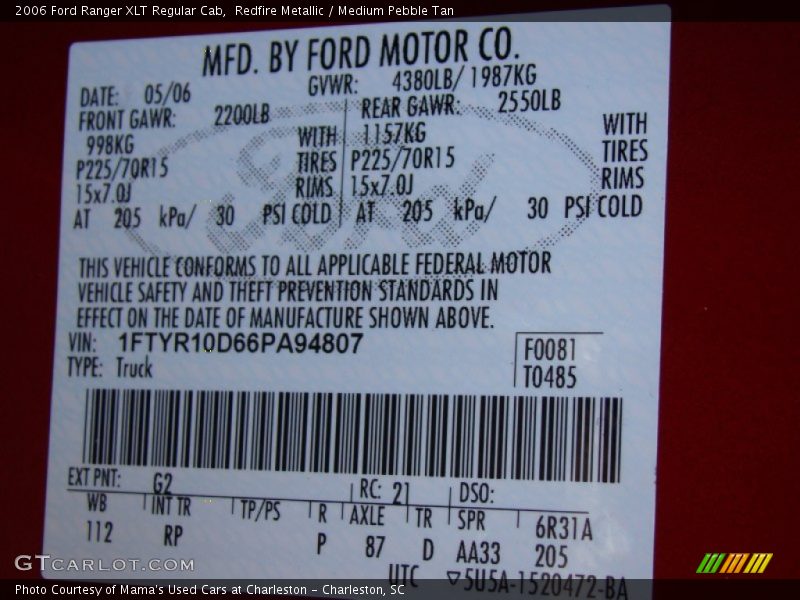 2006 Ranger XLT Regular Cab Redfire Metallic Color Code G2