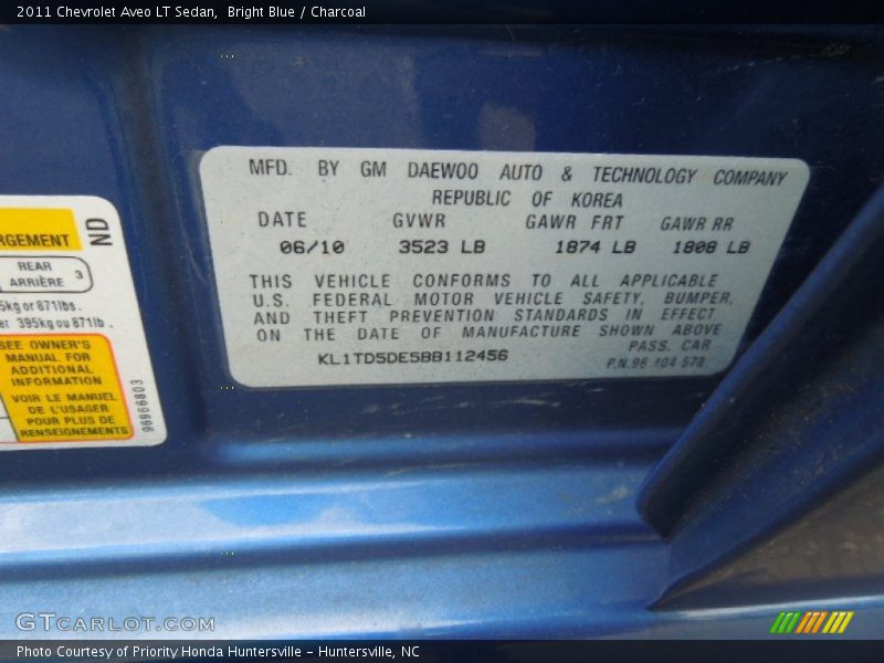 Bright Blue / Charcoal 2011 Chevrolet Aveo LT Sedan