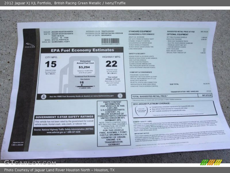  2012 XJ XJL Portfolio Window Sticker