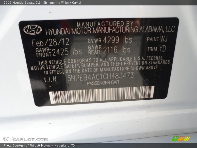 Shimmering White / Camel 2012 Hyundai Sonata GLS