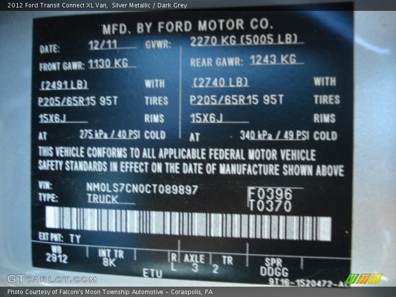 2012 Transit Connect XL Van Silver Metallic Color Code TY