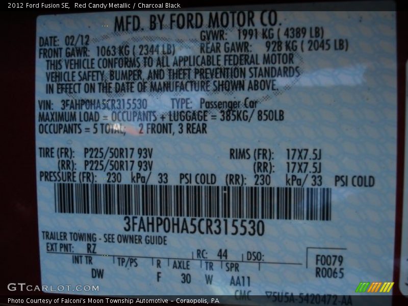 Red Candy Metallic / Charcoal Black 2012 Ford Fusion SE