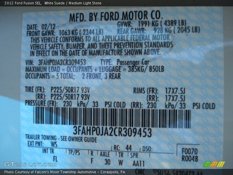 2012 Fusion SEL White Suede Color Code WS
