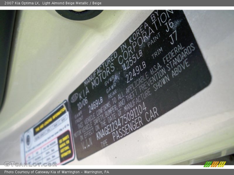 2007 Optima LX Light Almond Beige Metallic Color Code J6