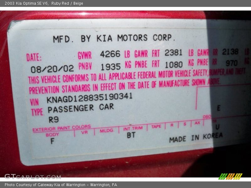 Ruby Red / Beige 2003 Kia Optima SE V6
