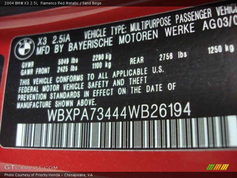 Flamenco Red Metallic / Sand Beige 2004 BMW X3 2.5i
