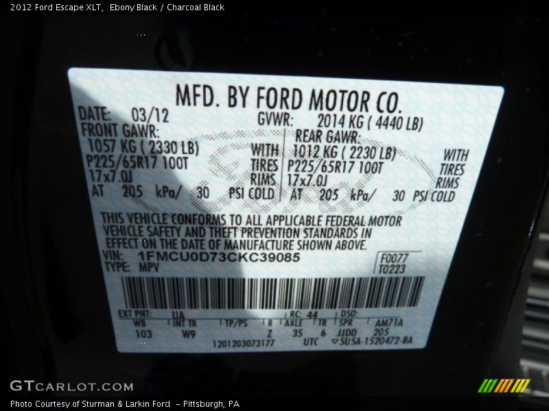 Ebony Black / Charcoal Black 2012 Ford Escape XLT