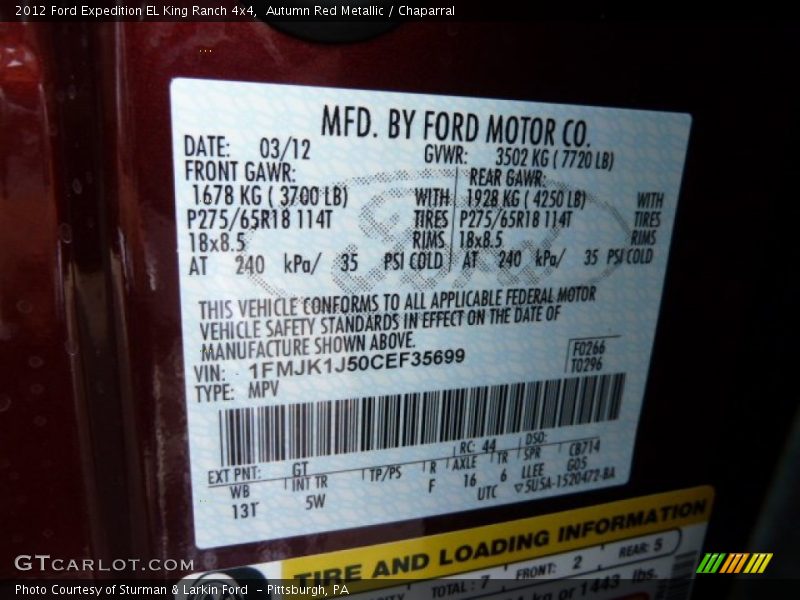 2012 Expedition EL King Ranch 4x4 Autumn Red Metallic Color Code GT