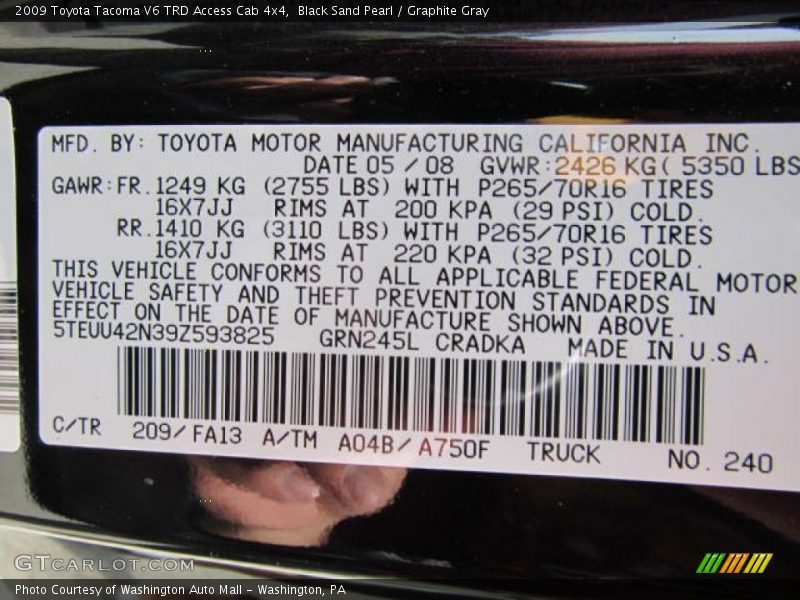 Black Sand Pearl / Graphite Gray 2009 Toyota Tacoma V6 TRD Access Cab 4x4
