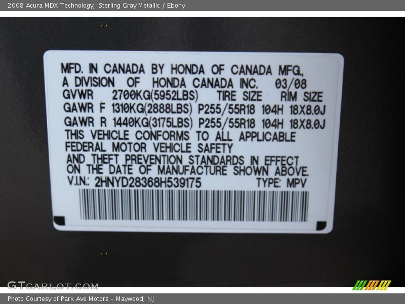 Sterling Gray Metallic / Ebony 2008 Acura MDX Technology