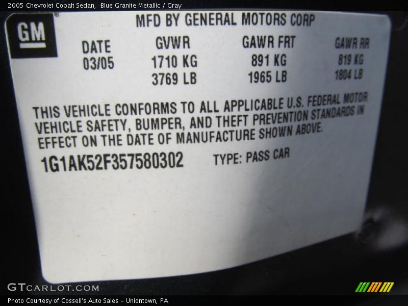 Blue Granite Metallic / Gray 2005 Chevrolet Cobalt Sedan