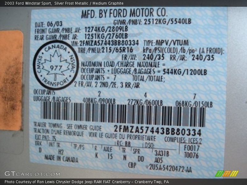 Silver Frost Metallic / Medium Graphite 2003 Ford Windstar Sport
