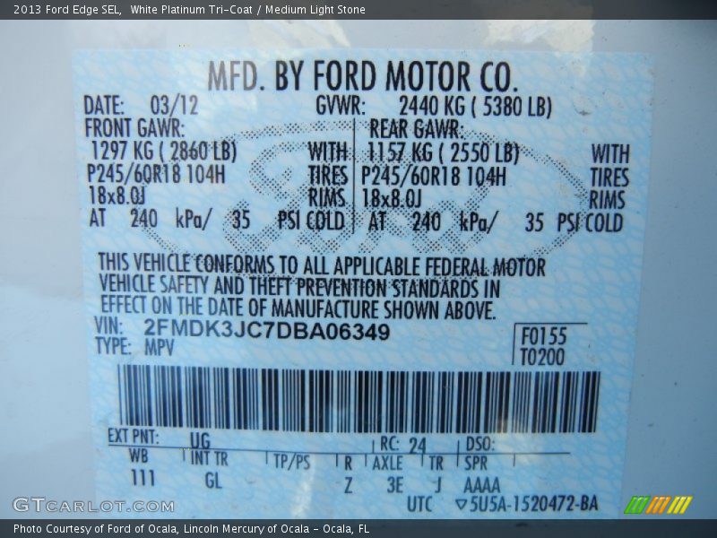 2013 Edge SEL White Platinum Tri-Coat Color Code UG
