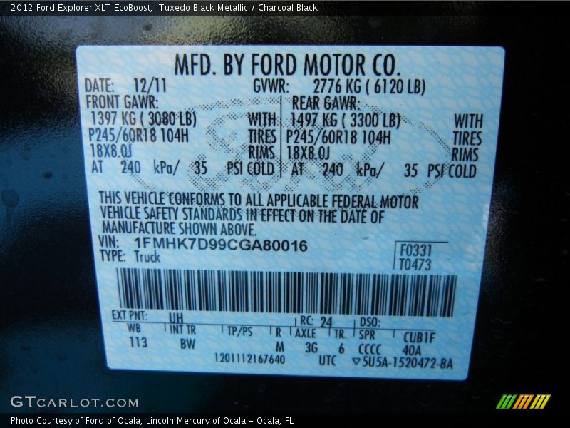 2012 Explorer XLT EcoBoost Tuxedo Black Metallic Color Code UH