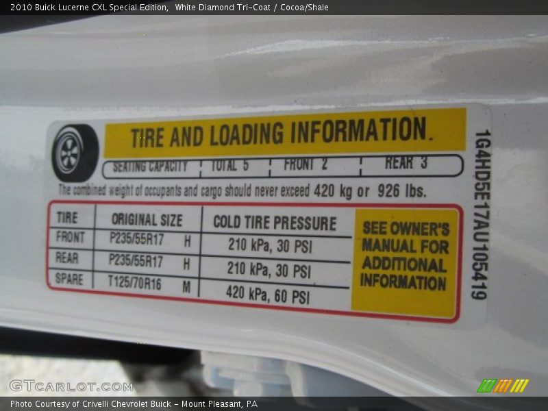 Info Tag of 2010 Lucerne CXL Special Edition