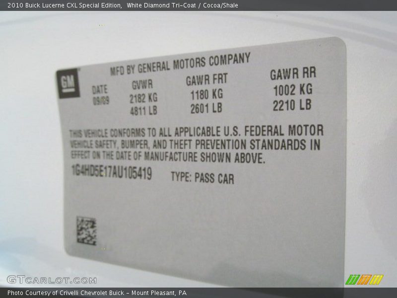 Info Tag of 2010 Lucerne CXL Special Edition