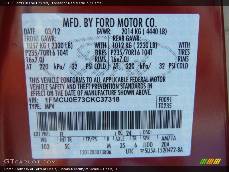 Toreador Red Metallic / Camel 2012 Ford Escape Limited