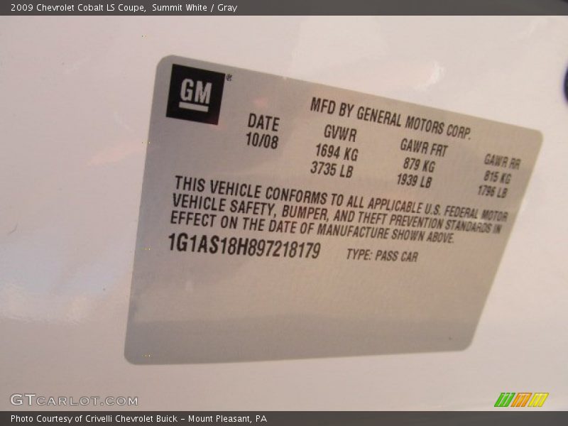 Summit White / Gray 2009 Chevrolet Cobalt LS Coupe