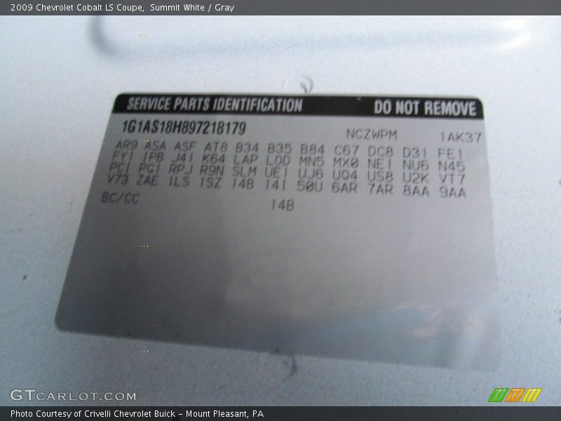 2009 Cobalt LS Coupe Summit White Color Code 14B