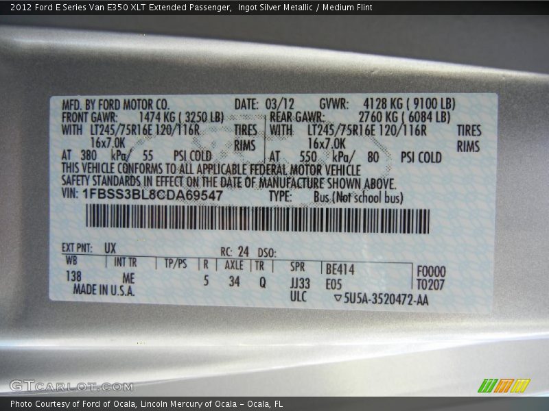 2012 E Series Van E350 XLT Extended Passenger Ingot Silver Metallic Color Code UX