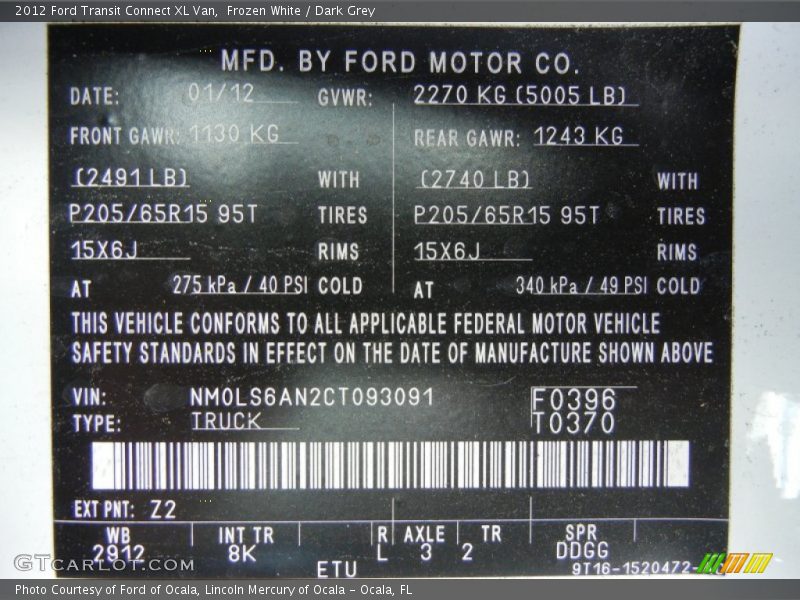 2012 Transit Connect XL Van Frozen White Color Code Z2