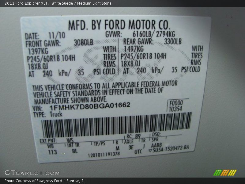 2011 Explorer XLT White Suede Color Code WS