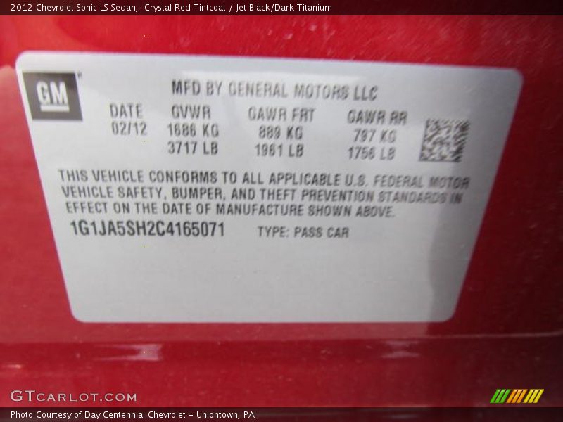 Crystal Red Tintcoat / Jet Black/Dark Titanium 2012 Chevrolet Sonic LS Sedan