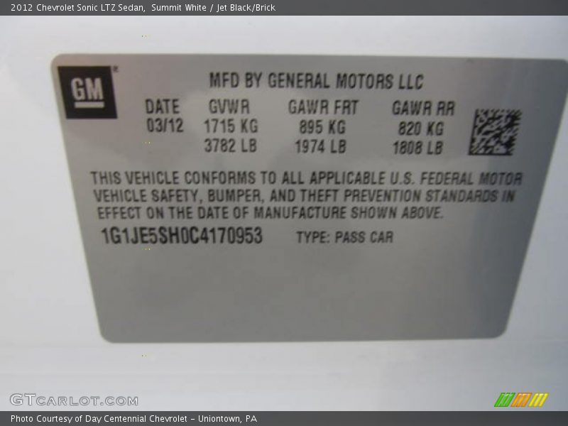 Summit White / Jet Black/Brick 2012 Chevrolet Sonic LTZ Sedan
