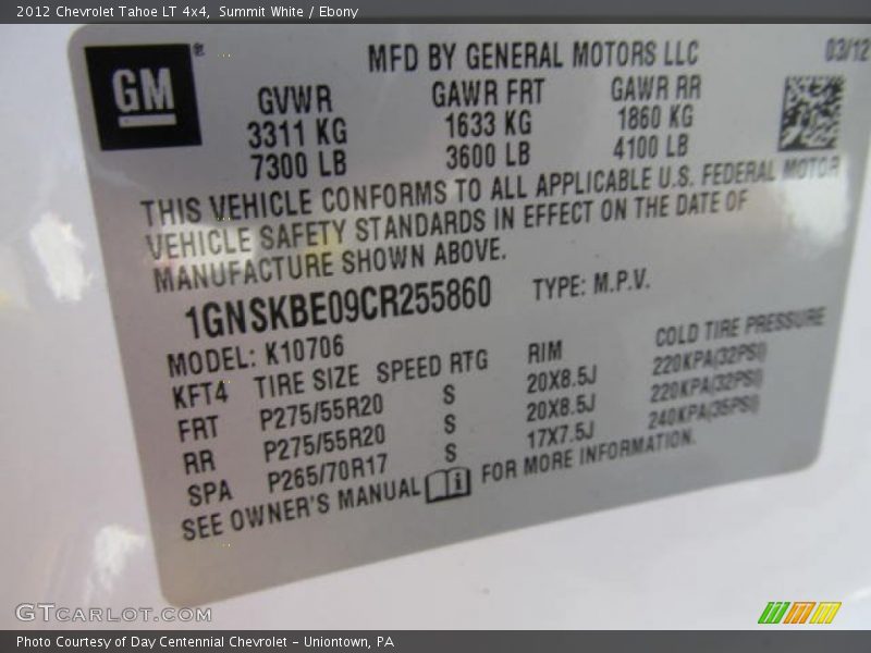 Summit White / Ebony 2012 Chevrolet Tahoe LT 4x4