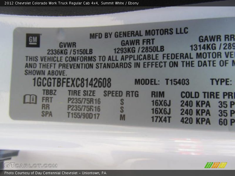 Summit White / Ebony 2012 Chevrolet Colorado Work Truck Regular Cab 4x4