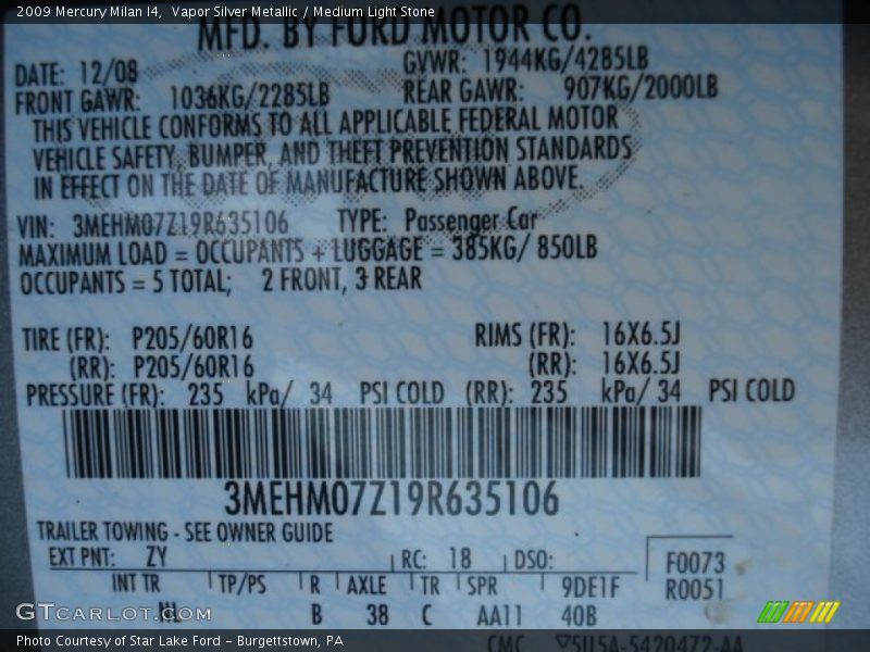 2009 Milan I4 Vapor Silver Metallic Color Code ZY