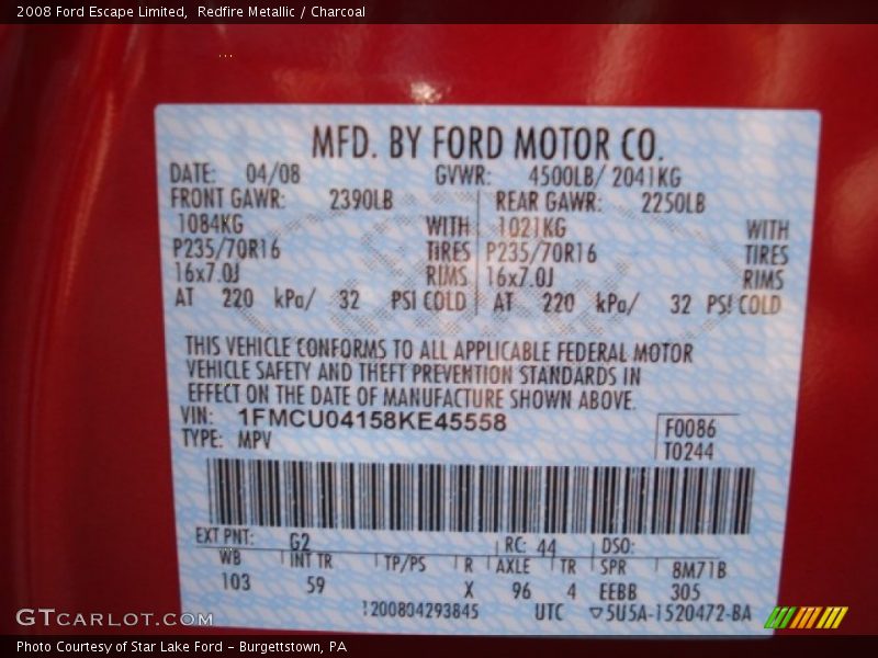 Redfire Metallic / Charcoal 2008 Ford Escape Limited