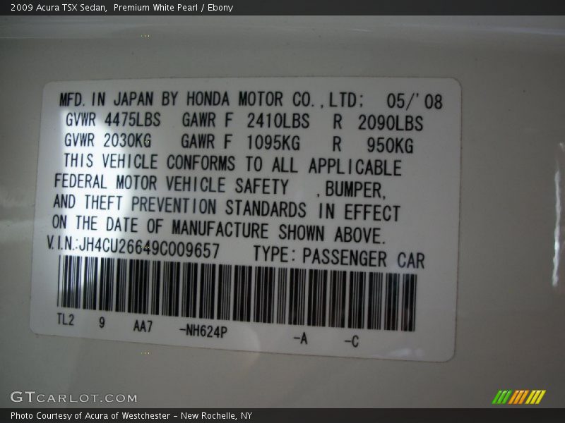 2009 TSX Sedan Premium White Pearl Color Code NH624P