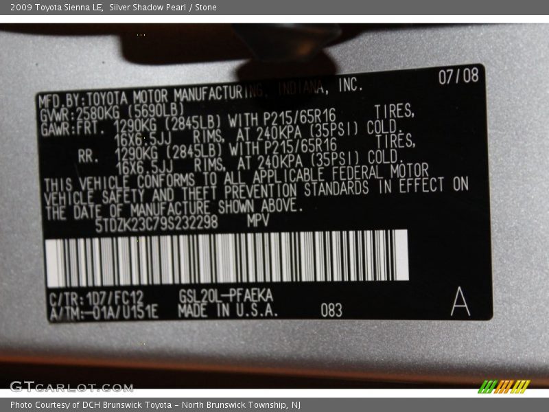 Silver Shadow Pearl / Stone 2009 Toyota Sienna LE