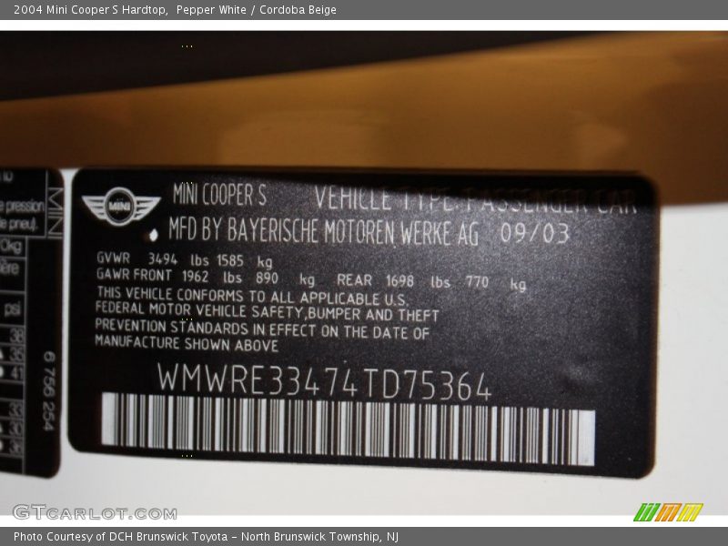 Pepper White / Cordoba Beige 2004 Mini Cooper S Hardtop
