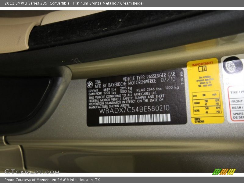 Platinum Bronze Metallic / Cream Beige 2011 BMW 3 Series 335i Convertible